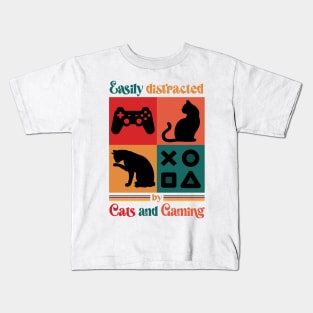 Easily Distracted By Cats and Gaming - Retro Cat Gaming Kids T-Shirt
